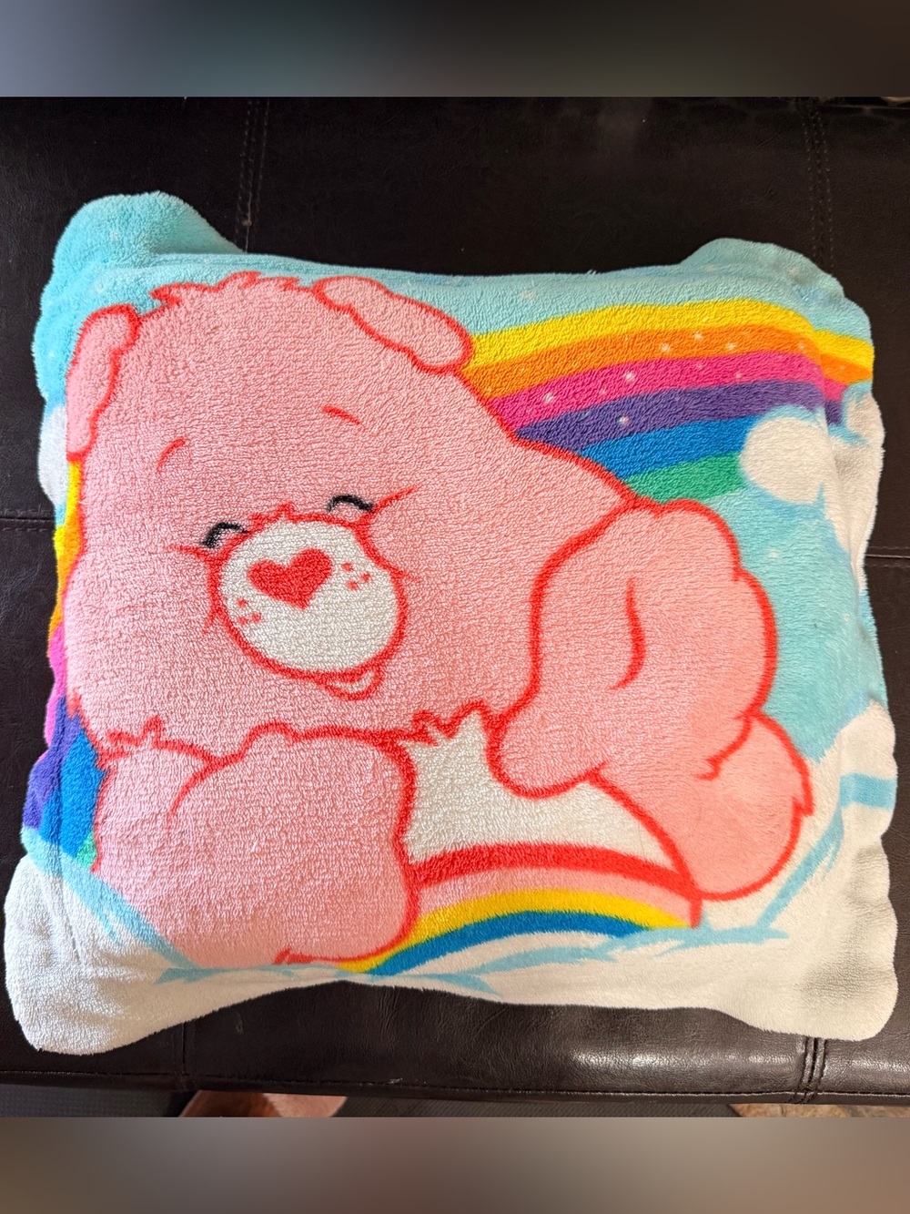 Pink Care Bear Plush Pillow with Rainbow